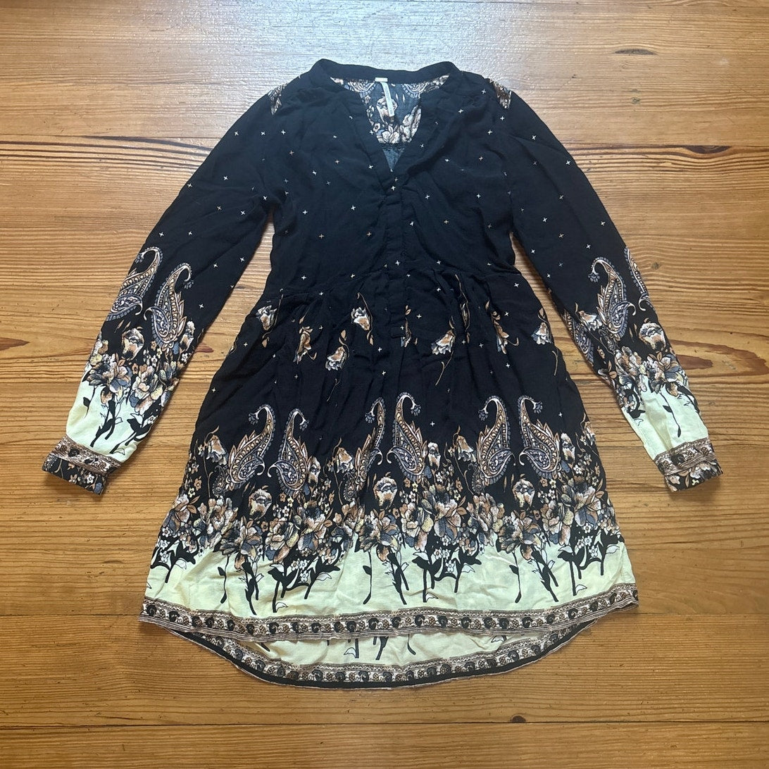 Free People Sierra Valley black floral long sleeve dress SIZE XS