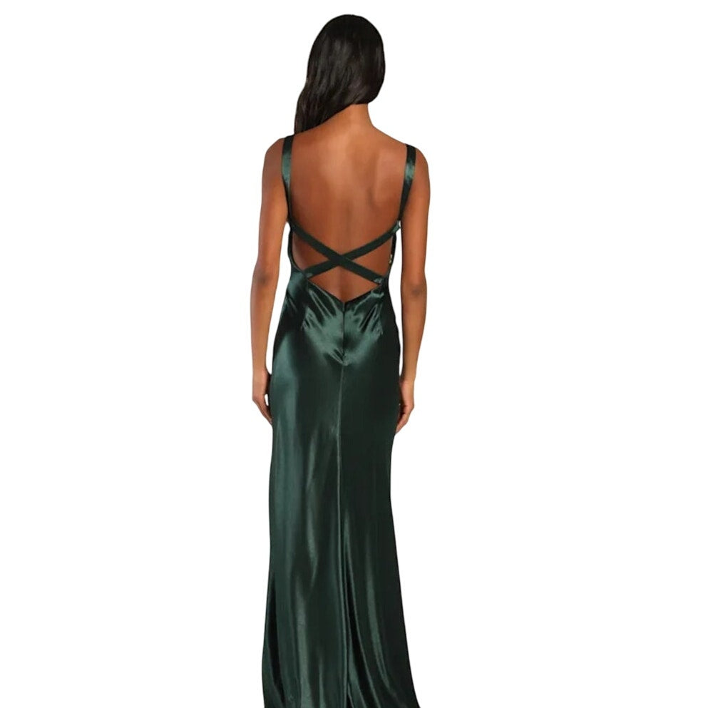 NWT Lulus dark green satin low back long formal gown dress SIZE L