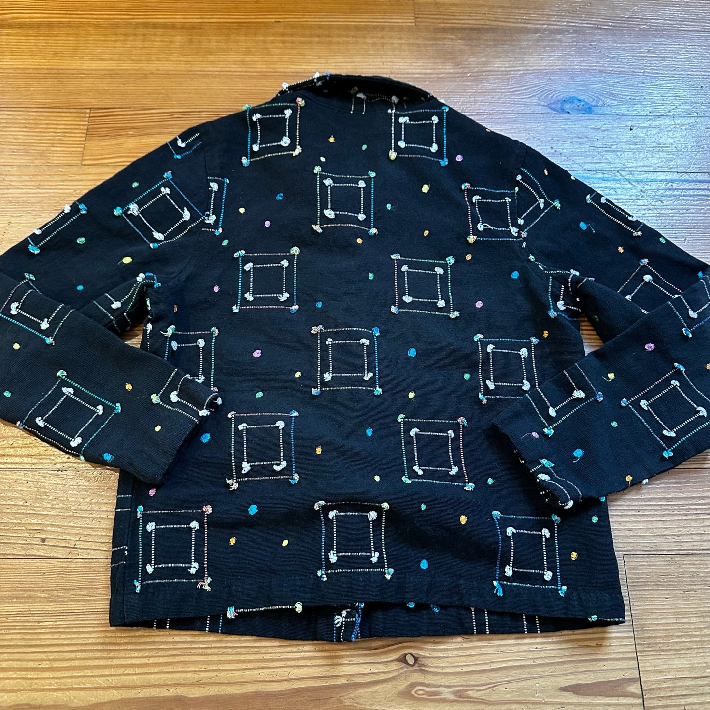 New Direction black cotton knit square embroidered button up blouse shirt SIZE S