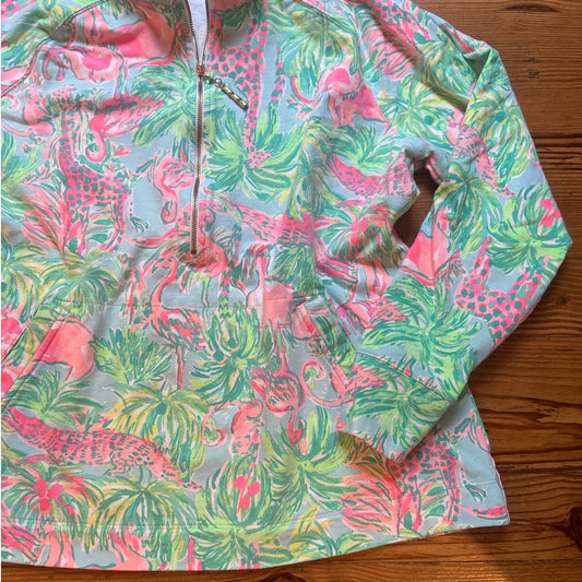Lilly Pulitzer Skipper pink green animal print half zip pullover sweater XL