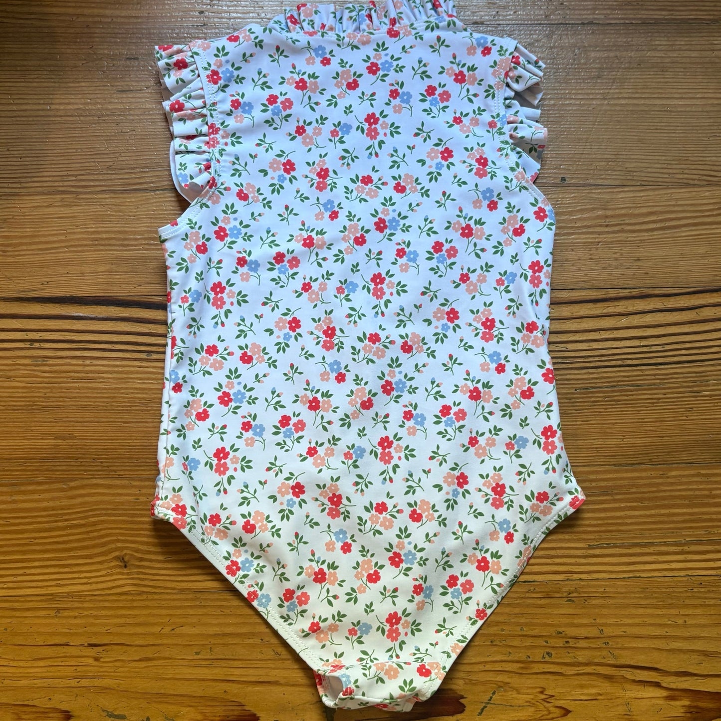 Shein white red pink floral ruffle sleeveless zip front swimsuit SIZE 7
