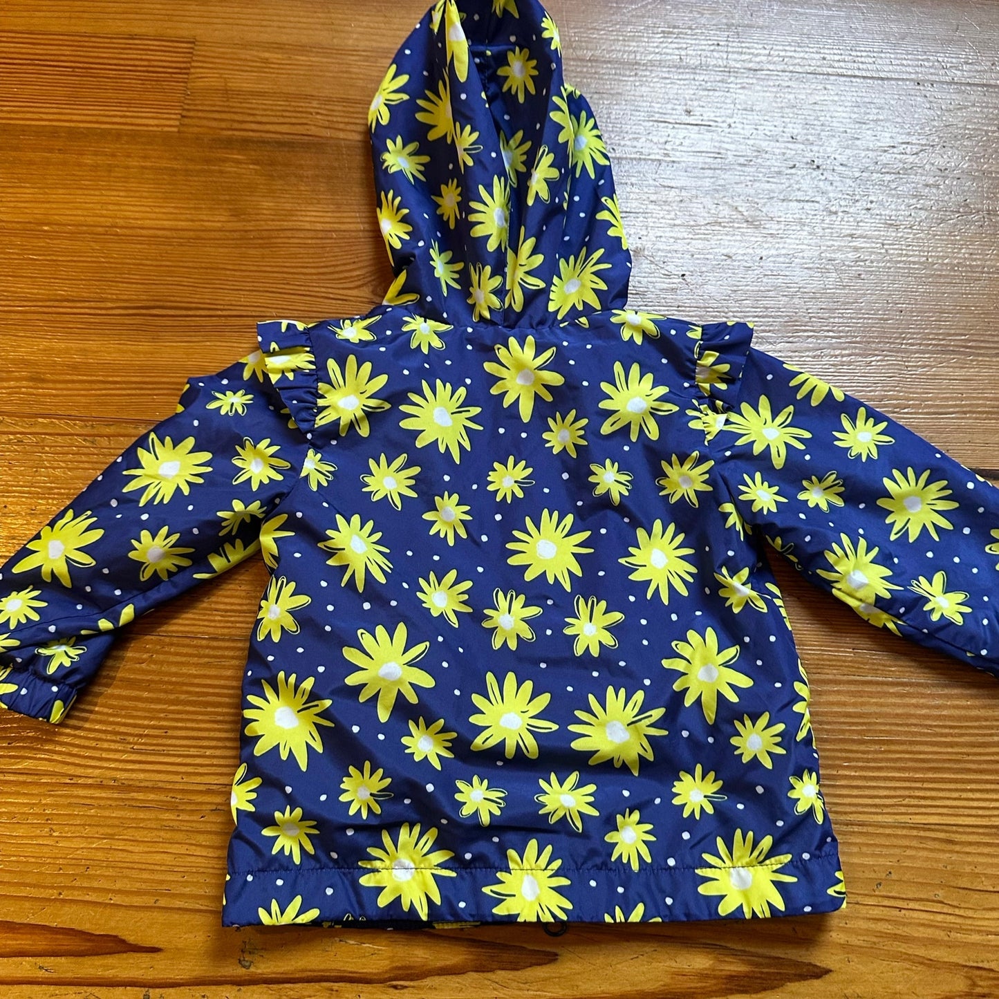 Wonder Nation navy yellow floral hooded ruffle full zip rain jacket SIZE 18M