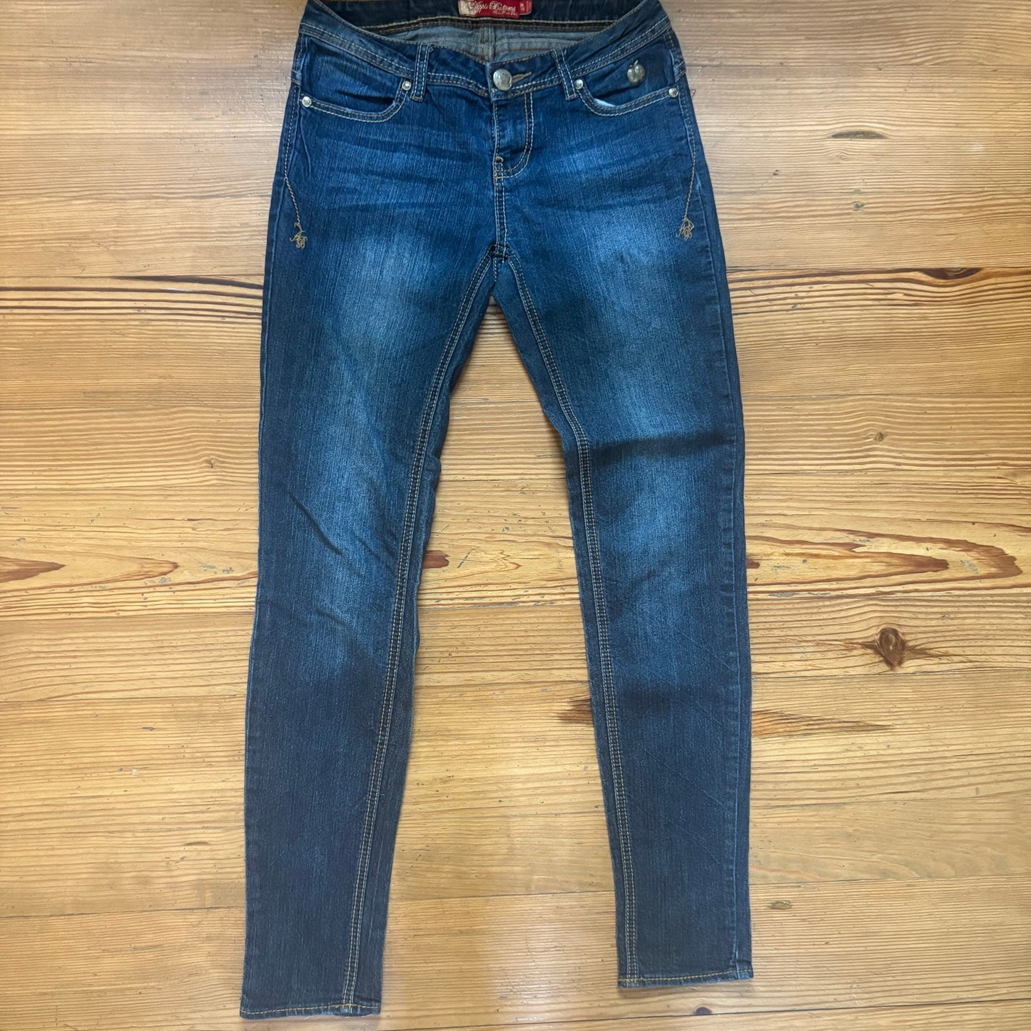 Apple Bottoms dark wash y2k gold apple pockets skinny womens jeans SIZE 6