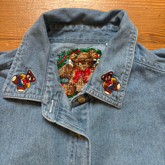 Vintage long sleeve cotton jean Christmas embroidery needlepoint shirt SIZE L