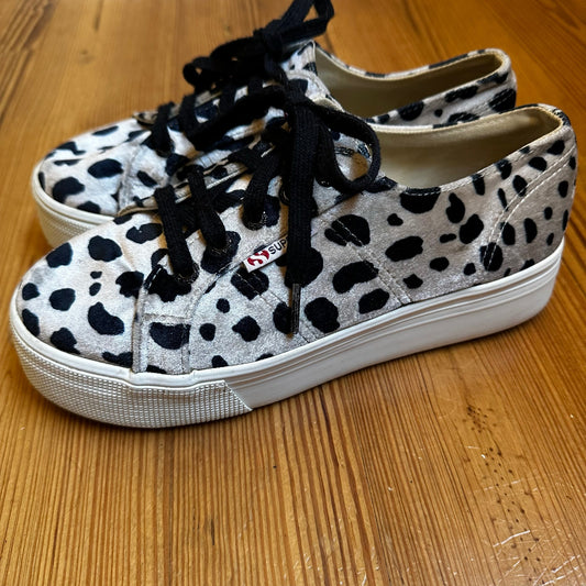 Superga cream black cheetah print velvet platform lace low top sneakers SIZE 7