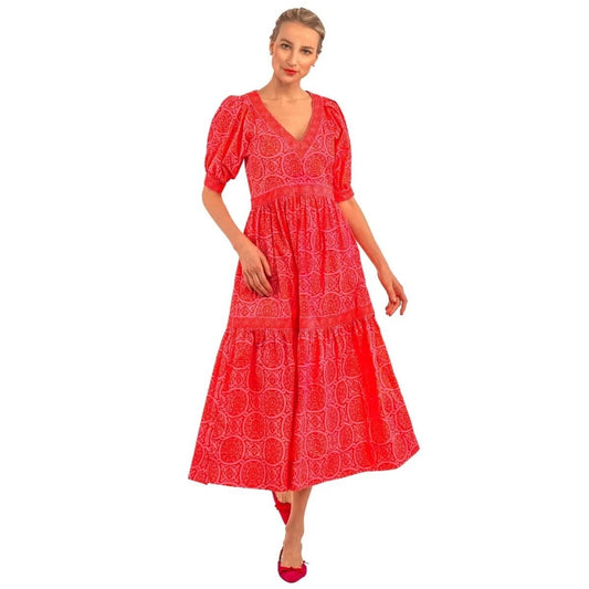 NWT Gretchen Scott Viviers Sultan's red pattern puff sleeve midi dress SIZE L