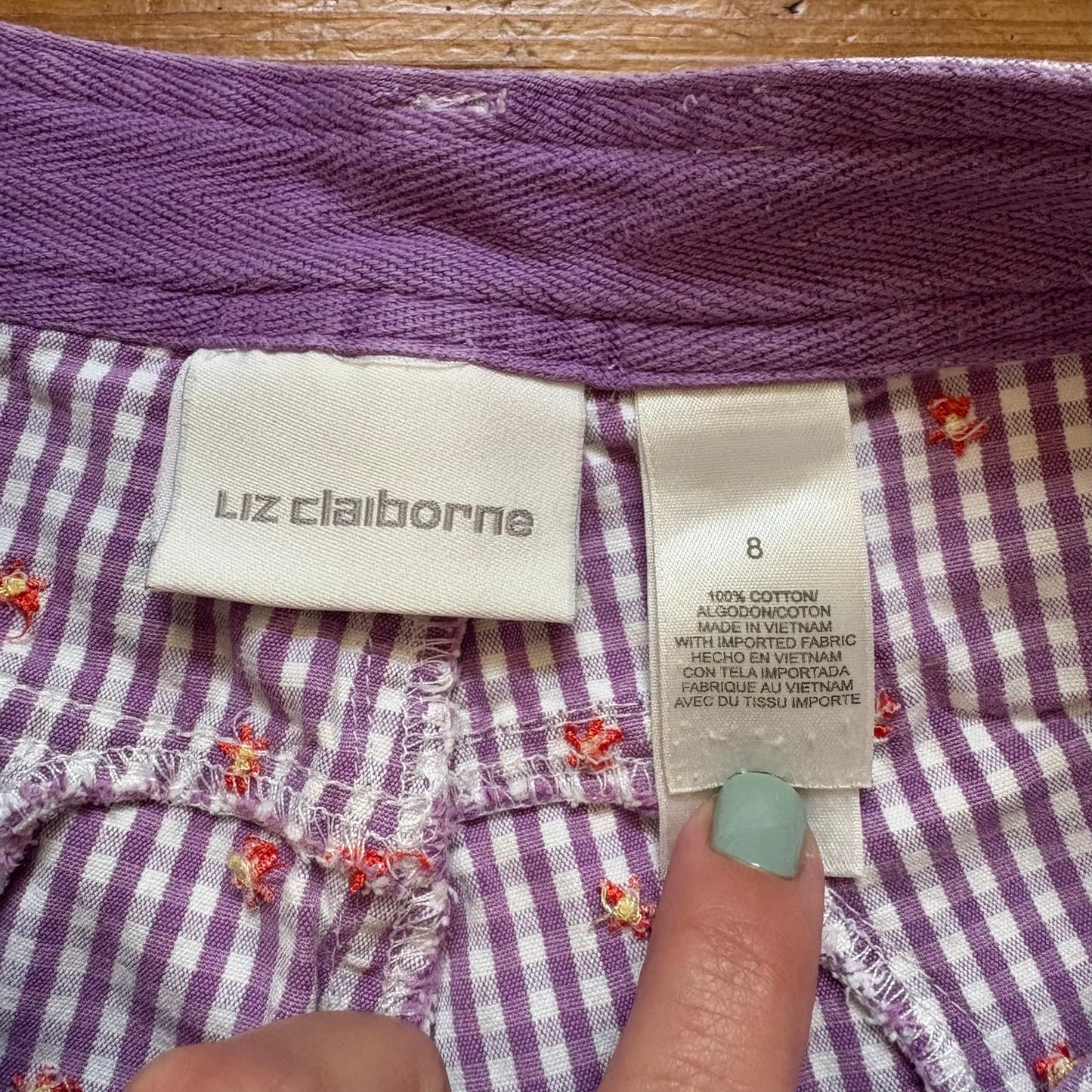 Liz Claiborne purple check gingham floral embroidered cropped pants SIZE 8