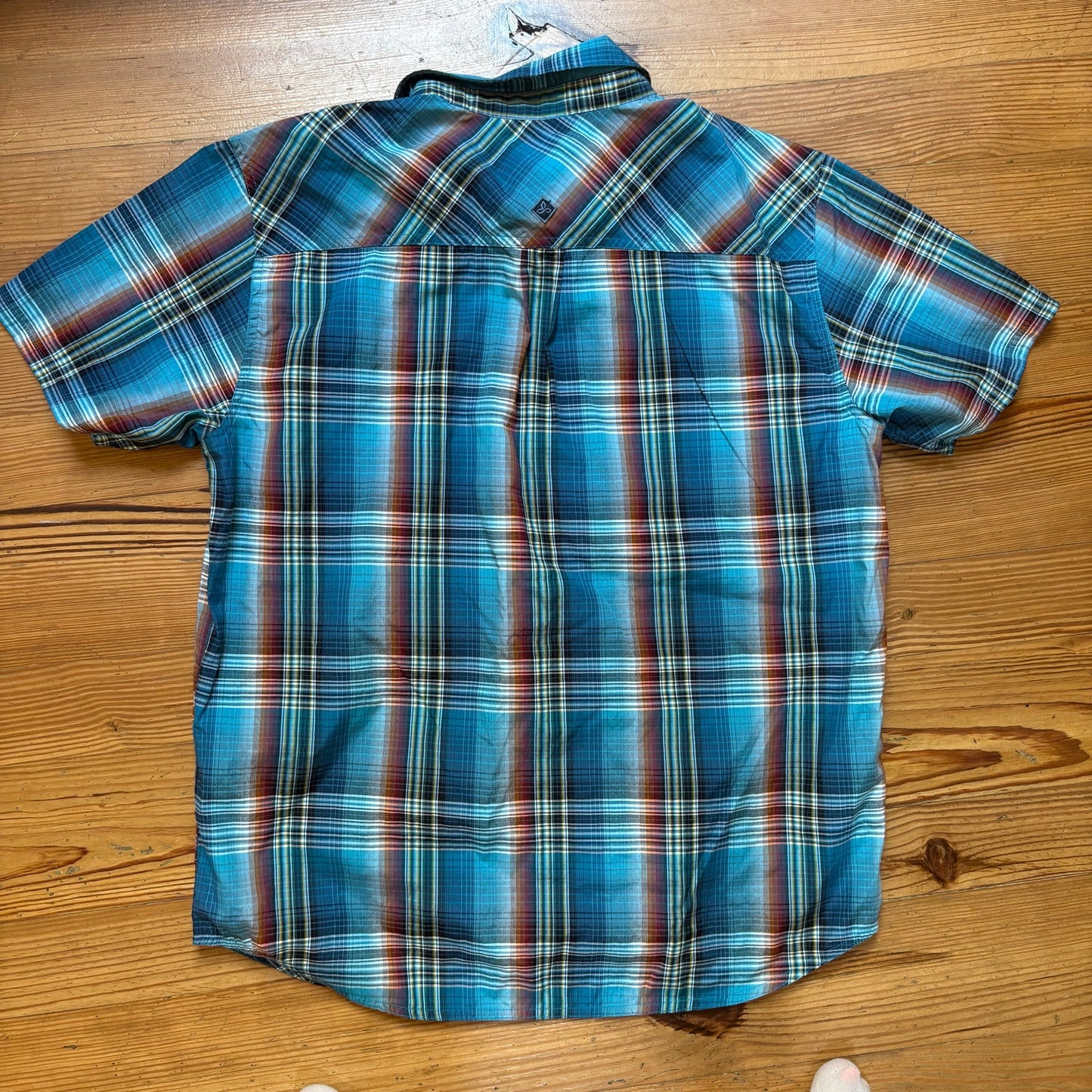 PrAna blue brown plaid short sleeve button up mens shirt SIZE XL