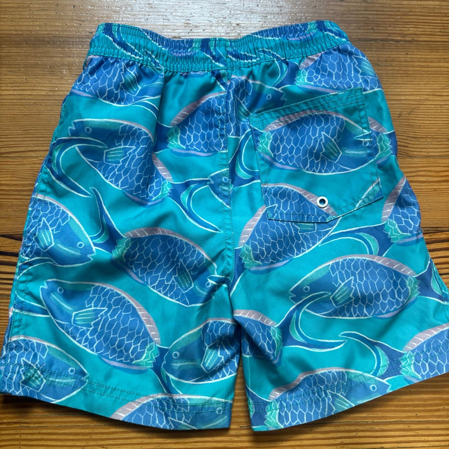 Tea blue teal fish drawstring lined boys swimsuit swim trunks SIZE 8