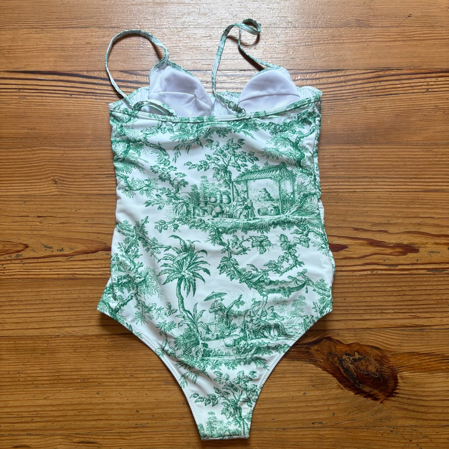 Shein white green French Toile print bustier one piece swimsuit SIZE M