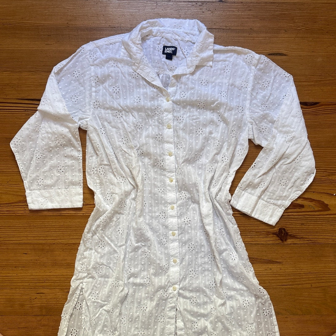 Lands' End white eyelet long sleeve midi dress swimsuit coverup SIZE XL
