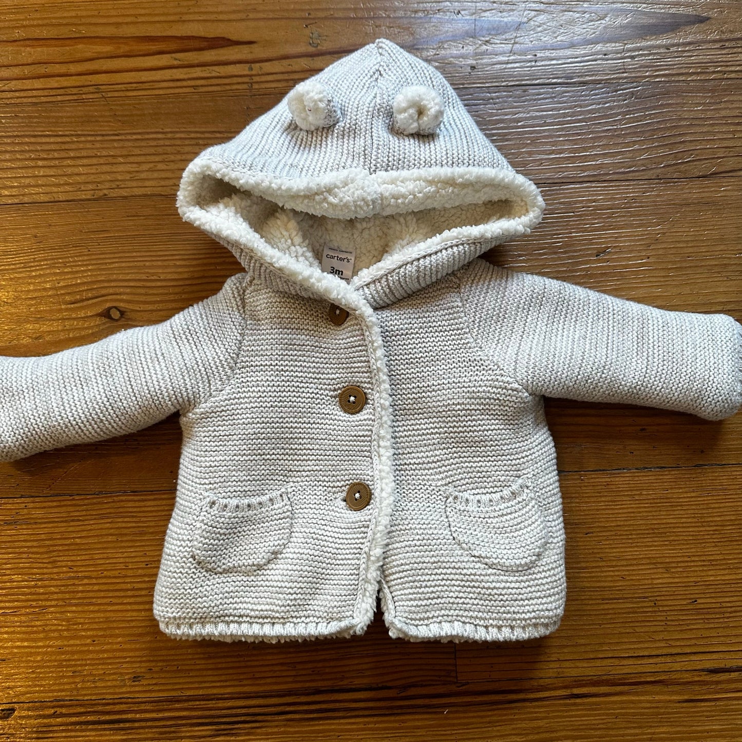 Carter's cream fleece lined hooded bear ears button cardigan sweater SIZE 3M