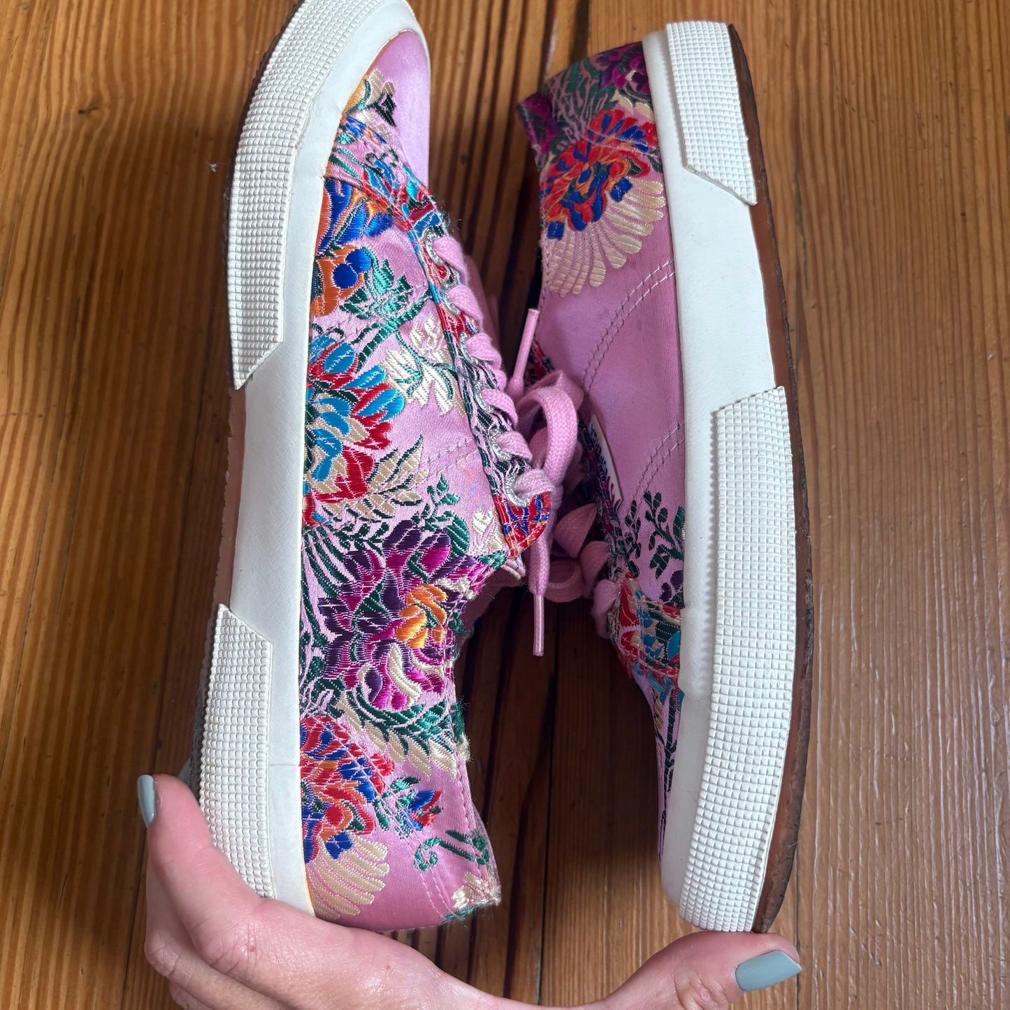 Superga pink floral colorful satin low top lace sneakers SIZE 10