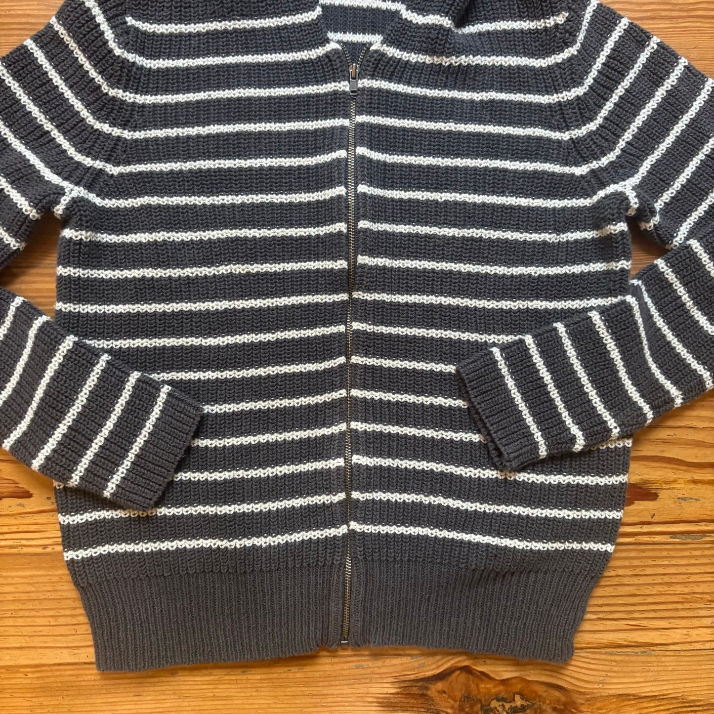 Eileen Fisher gray white striped knit full zip hooded womens sweater SIZE XS
