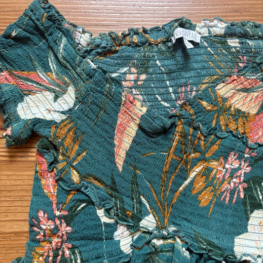 Patrons of Peace green floral print ruched smocked short sleeve shirt SIZE M