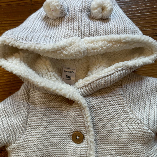 Carter's cream fleece lined hooded bear ears button cardigan sweater SIZE 3M