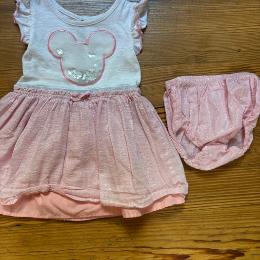 Disney Minnie Mouse gray pink short flutter sleeve dress with bloomers SIZE 18M
