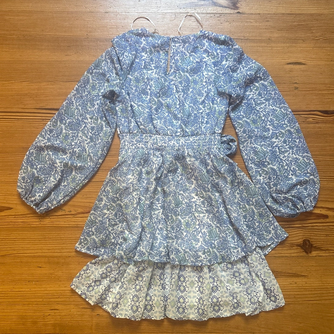 NWT Japna blue floral tiered long puff sleeve tie waist mini dress SIZE XS