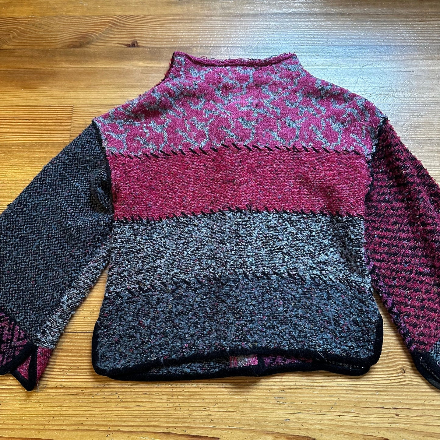 Curio vintage pink black oversized patchwork mock neck cardigan sweater SIZE S