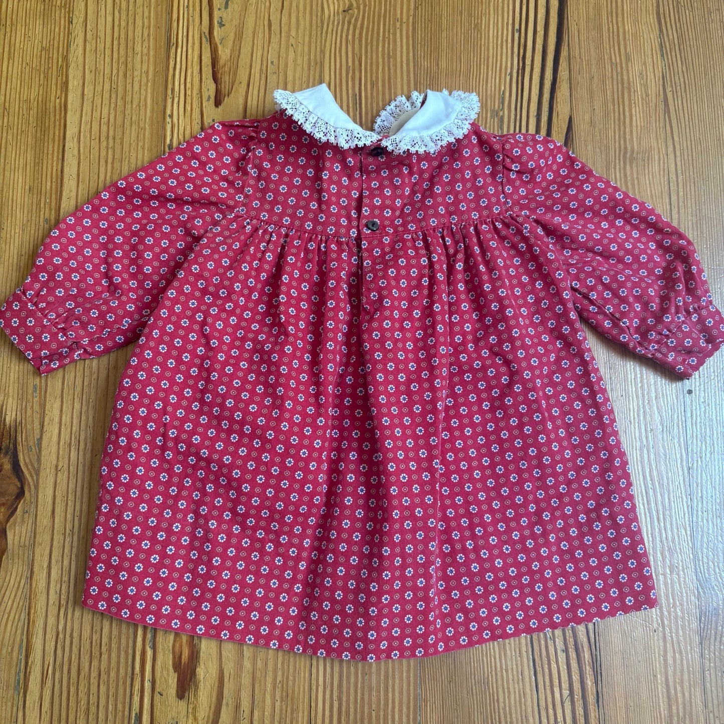 Polly Flinders vintage red smocked lace collar long sleeve dress SIZE 2