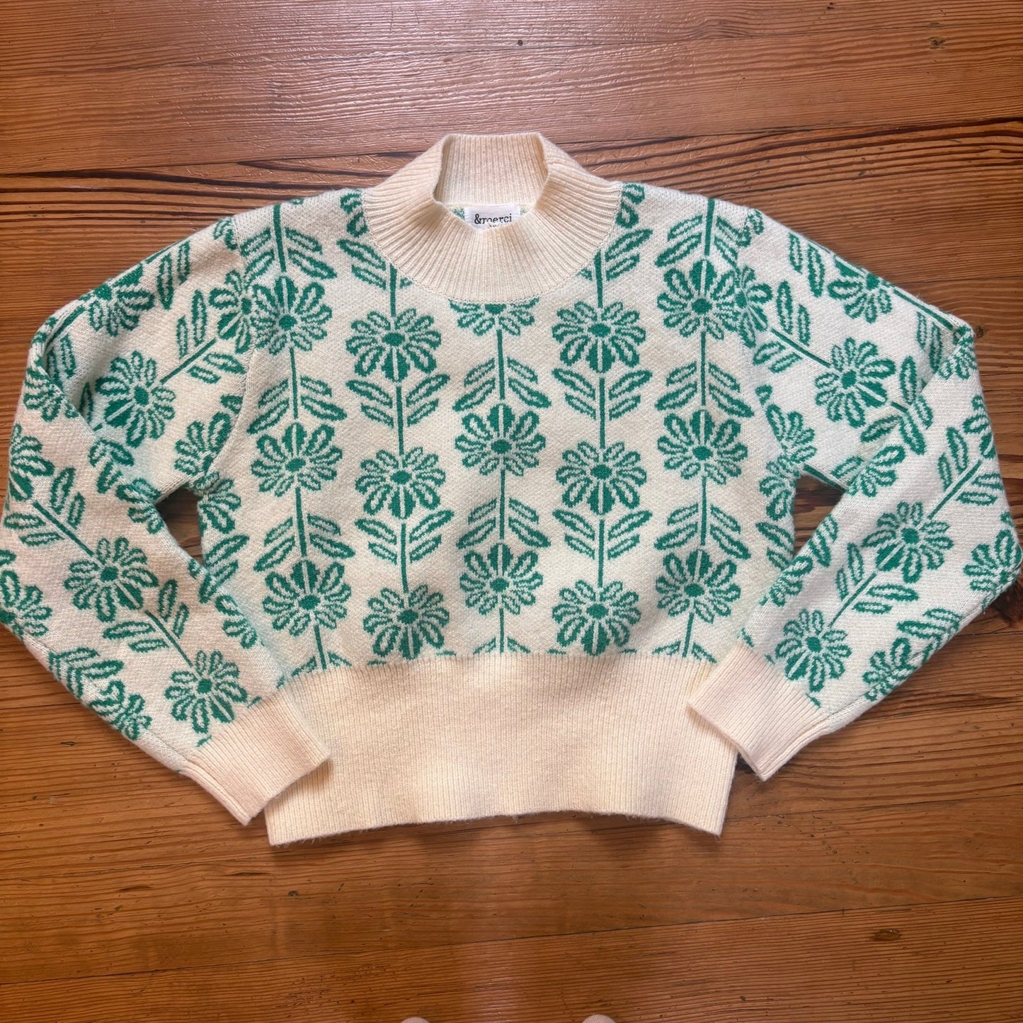 Merci green white floral mock neck cropped sweater SIZE S