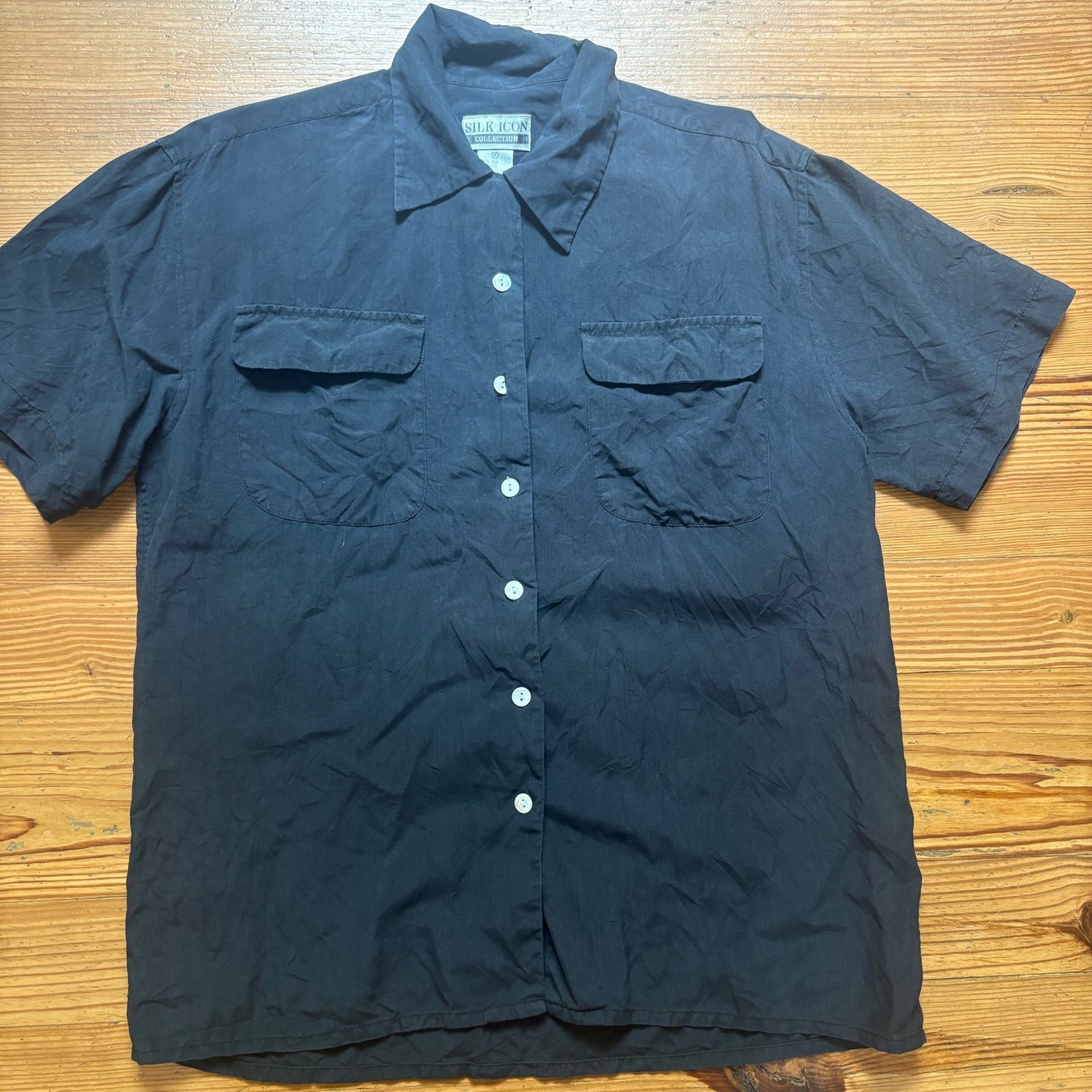 Silk Icon black short sleeve two pocket button up silk mens shirt SIZE S