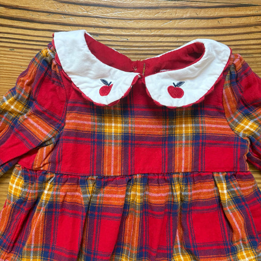 Tahari red plaid apple embroidered collar long sleeve baby dress SIZE 3-6M