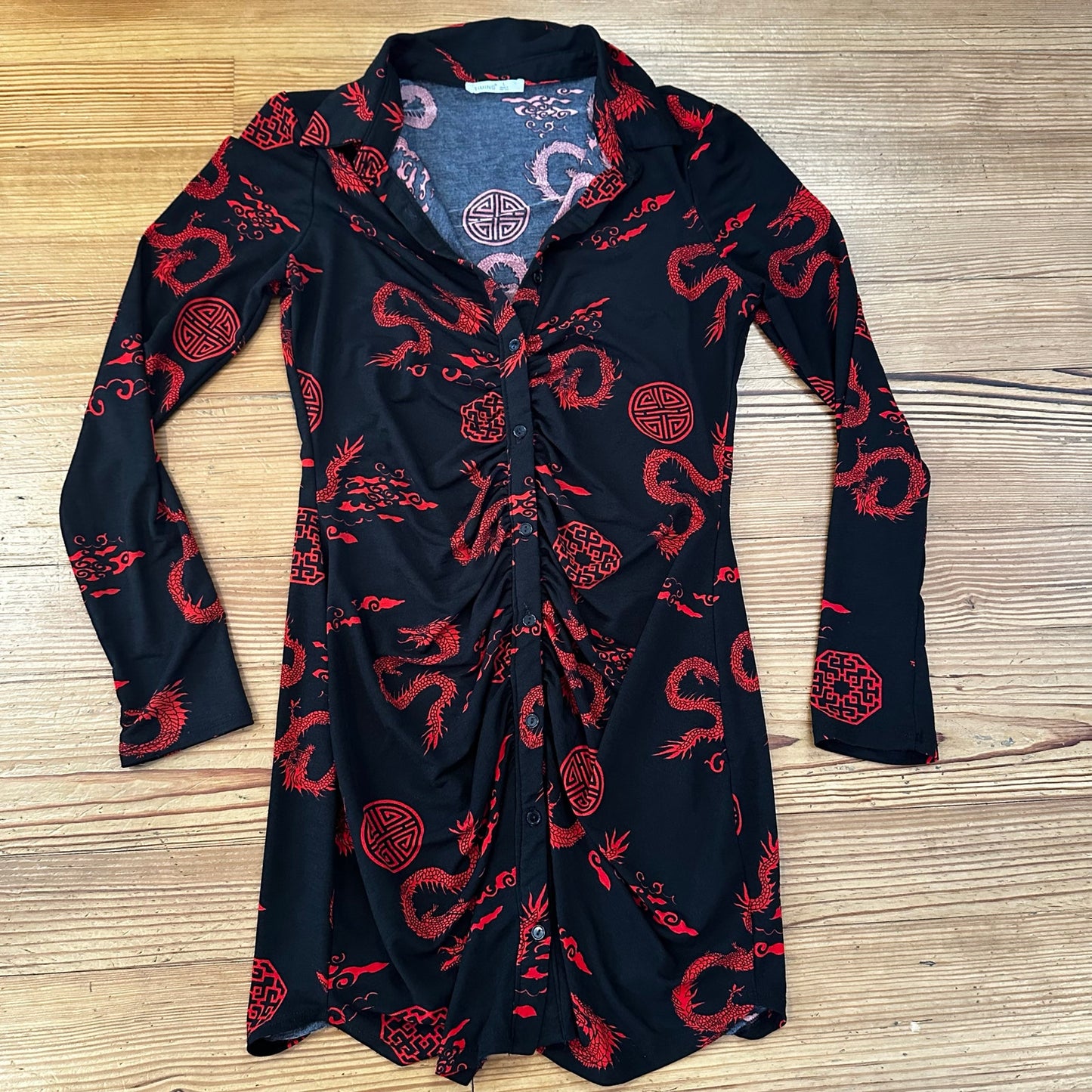 Timing black red Asian print long sleeve button down ruched dress SIZE L