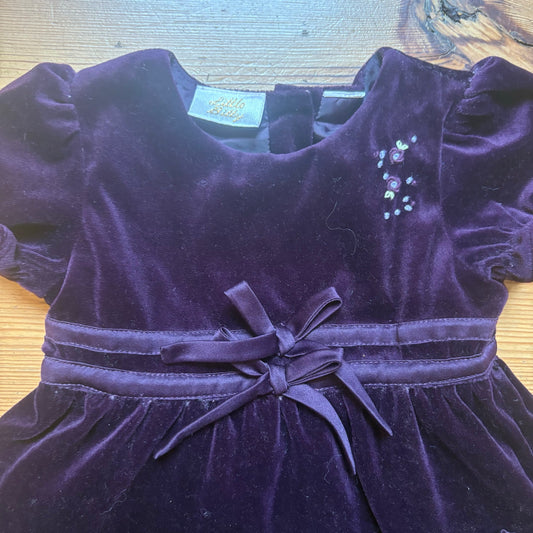 Little Bitty purple velvet short sleeve floral embroidered tiered dress SIZE 3T