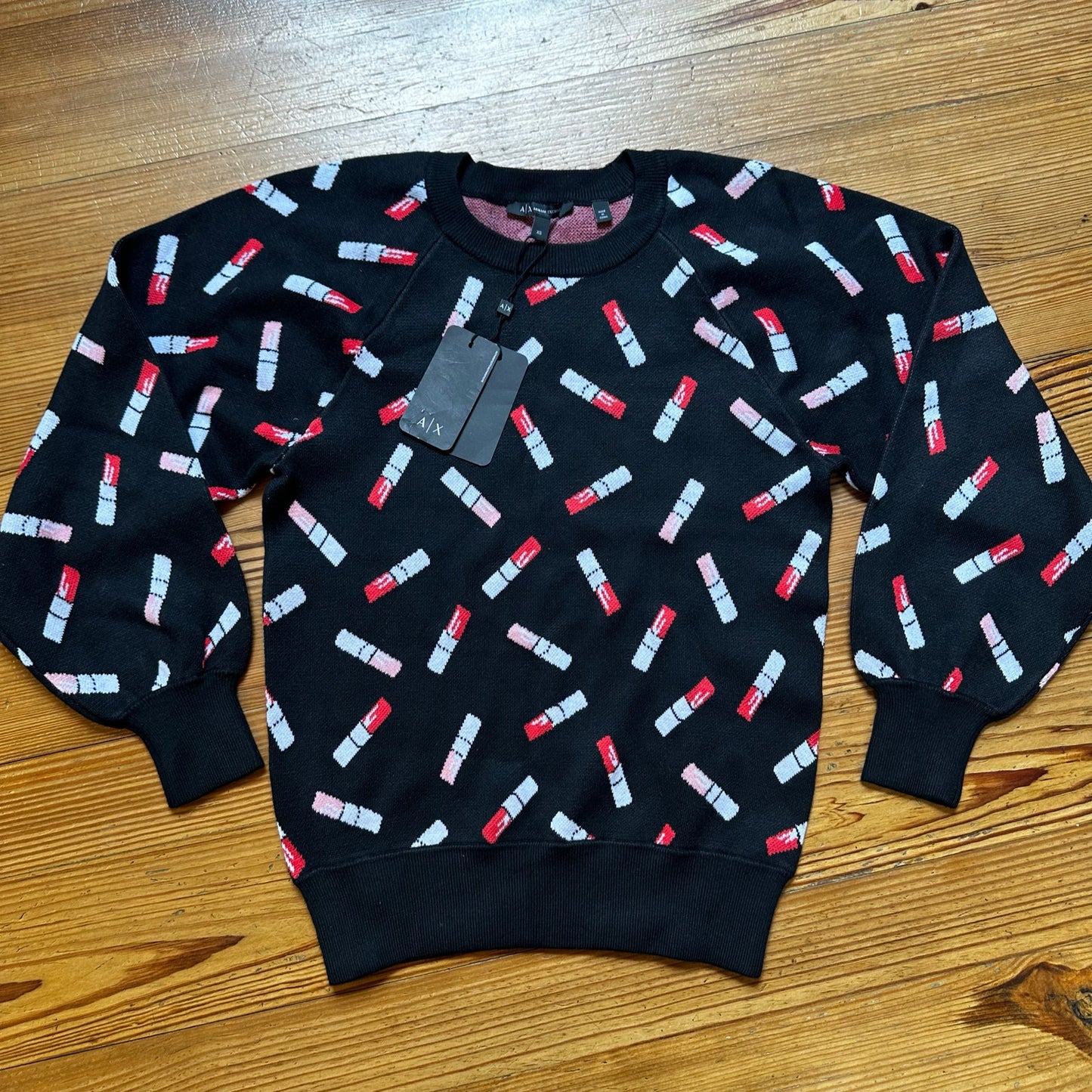 NWT Armani Exchange black lipstick print long sleeve crew sweater SIZE XS