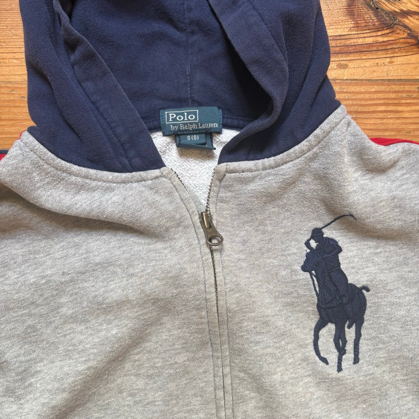 Polo Ralph Lauren gray navy blue full zip large pony hoodie sweatshirt SIZE 8