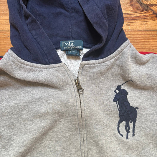 Polo Ralph Lauren gray navy blue full zip large pony hoodie sweatshirt SIZE 8