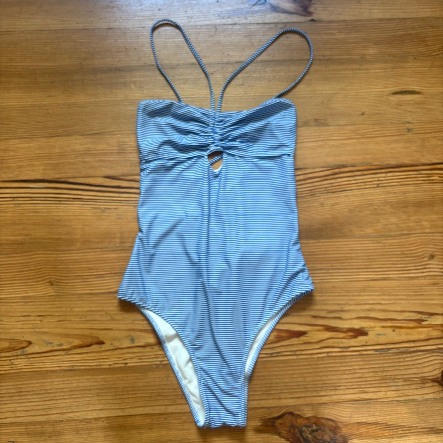 Cupshe blue white striped lace back cheeky one piece swimsuit SIZE S