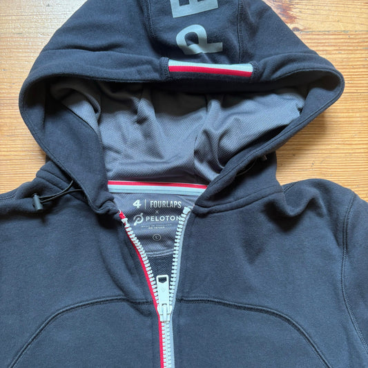 Fourlaps Peloton black gray lettering full zip mens hooded sweater SIZE L