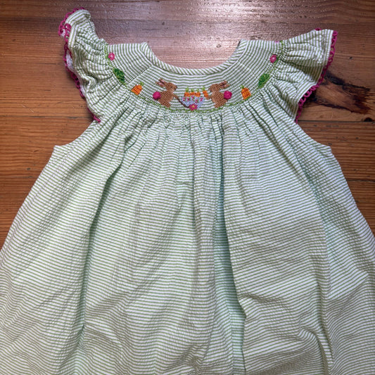 Vive La Fete green white striped seersucker bunny garden smocked dress SIZE 7