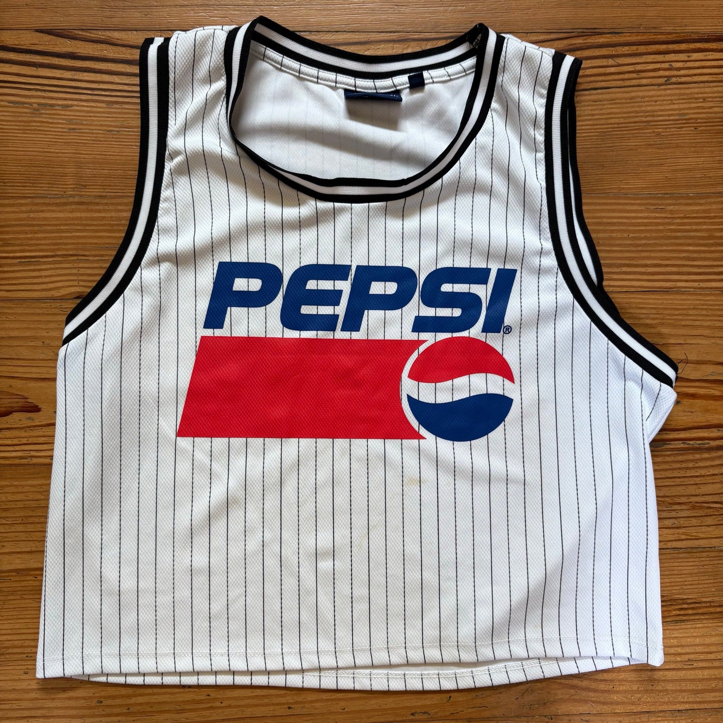 Pepsi soda logo black white pin striped sleeveless jersey shirt SIZE XL