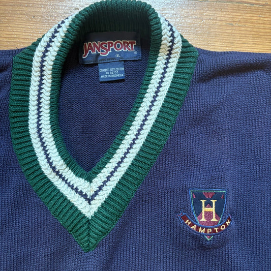 JanSport vintage navy blue varsity Hampton v neck knit mens sweater SIZE XL