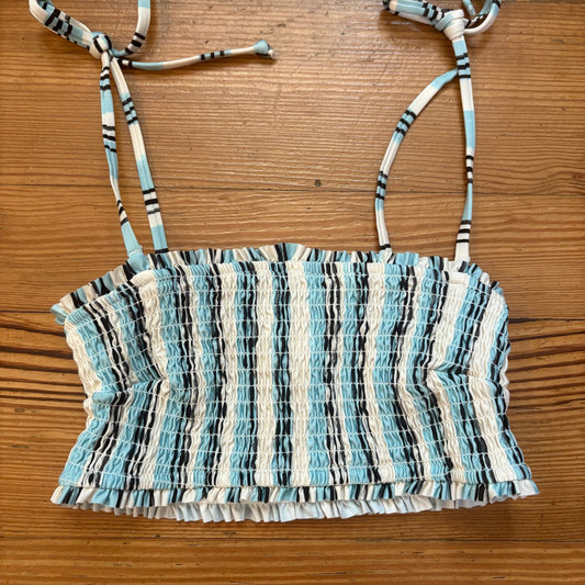 H&M blue black white striped smocked tie top bikini swimsuit SIZE M