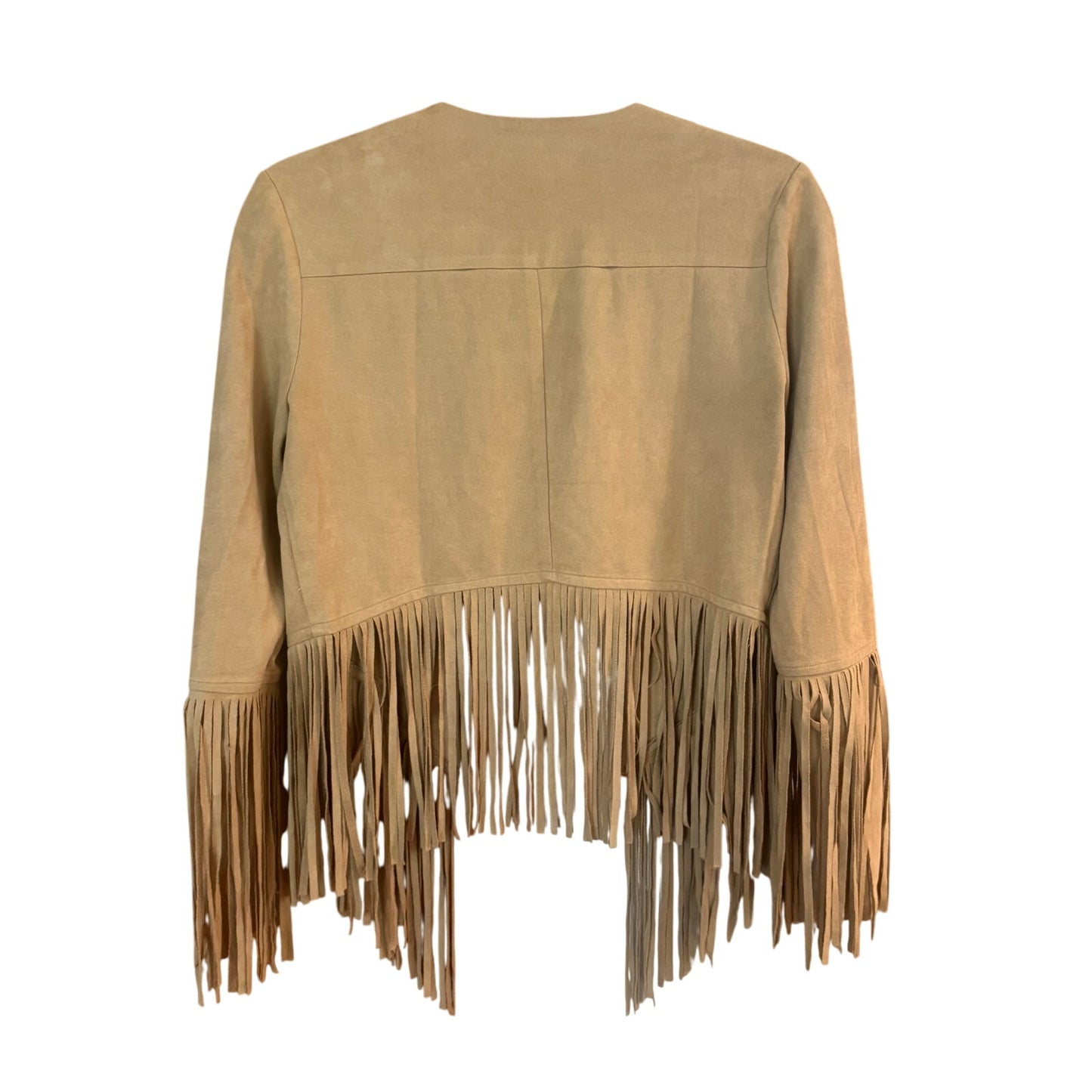 Hot & Delicious faux suede beige fringe cropped open womens jacket SIZE S