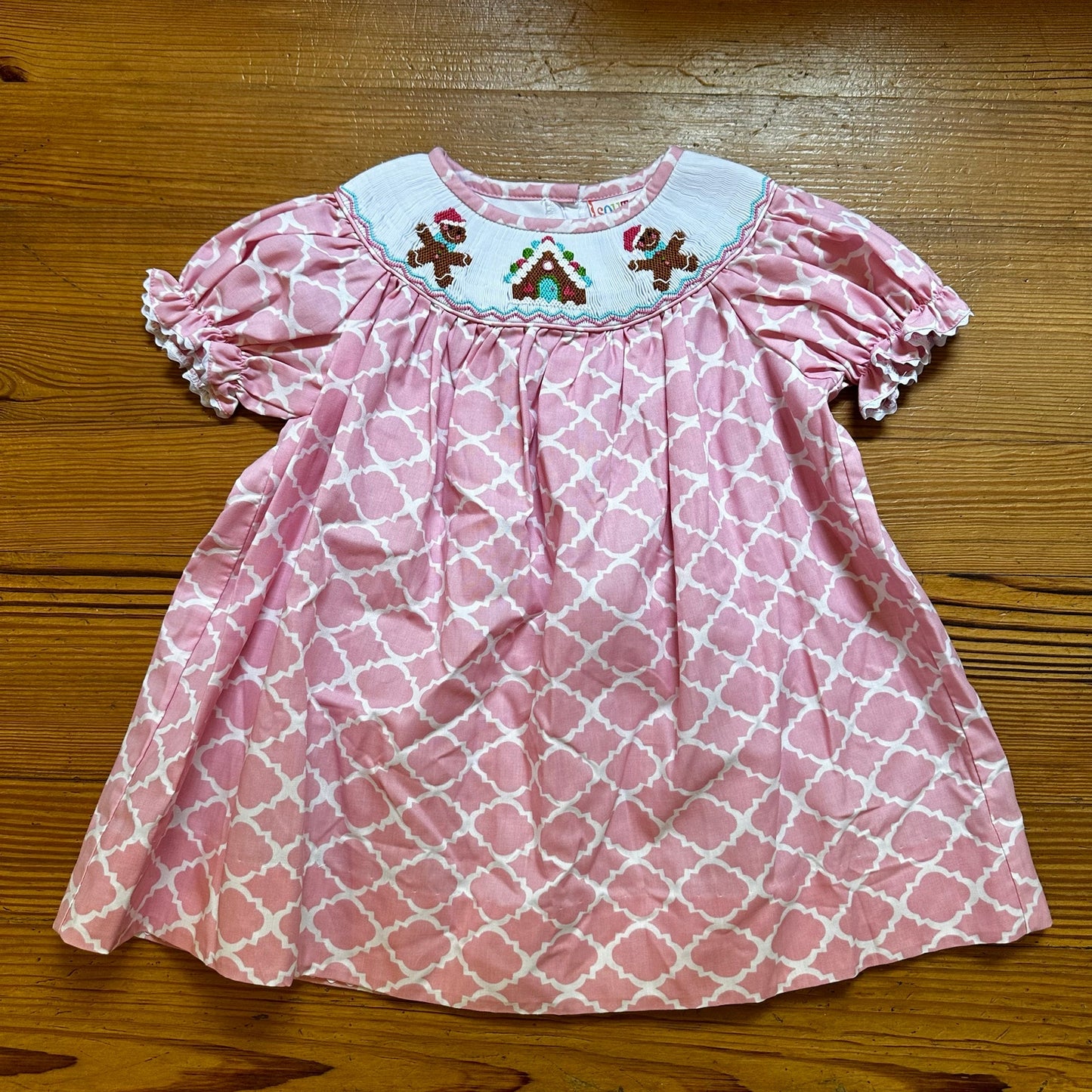 Southern Tots Christmas gingerbread pink white smocked ruffle dress SIZE 24M