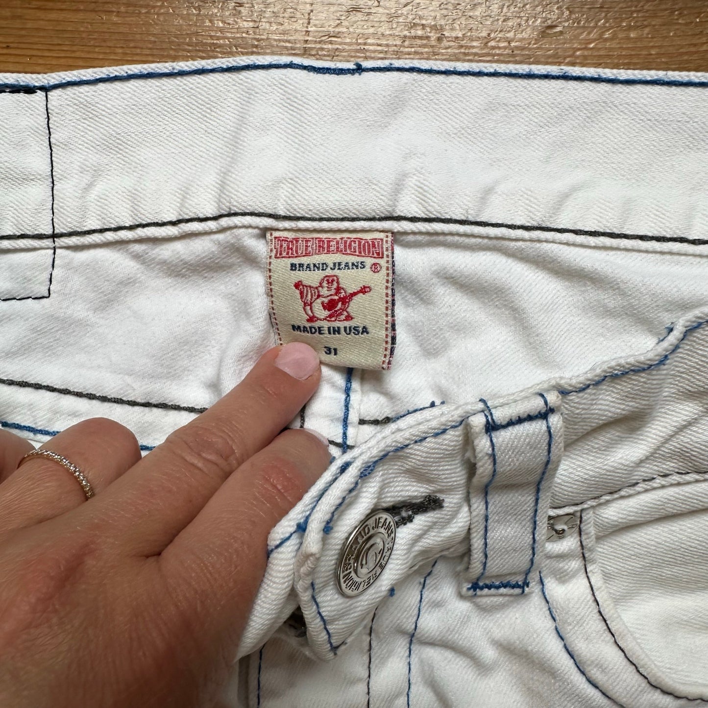 True Religion white blue stitching skinny straight leg jeans SIZE 31