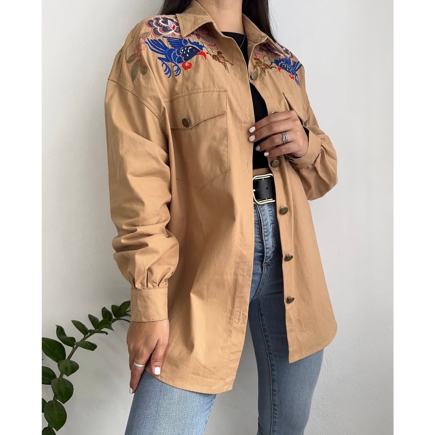 Shein beige floral embroidered long sleeve button up shirt SIZE M