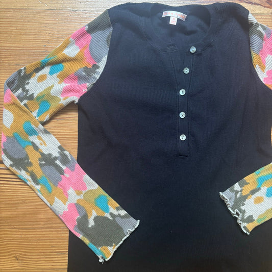 Lisa Todd black colorful sleeve henley ribbed long sleeve shirt SIZE M
