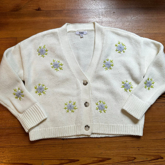 BB Dakota cream blue floral knit oversized cropped cardigan sweater SIZE XS