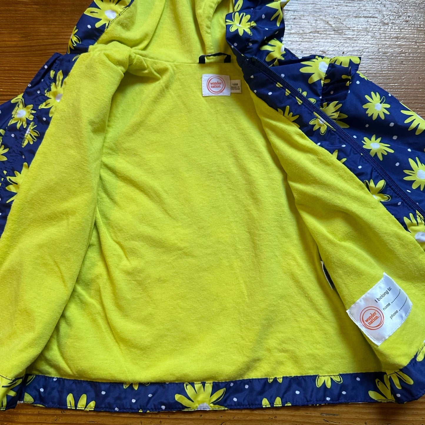 Wonder Nation navy yellow floral hooded ruffle full zip rain jacket SIZE 18M