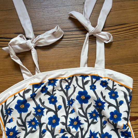 Shein ivory blue Amalfi floral tie strap one piece swimsuit SIZE XL