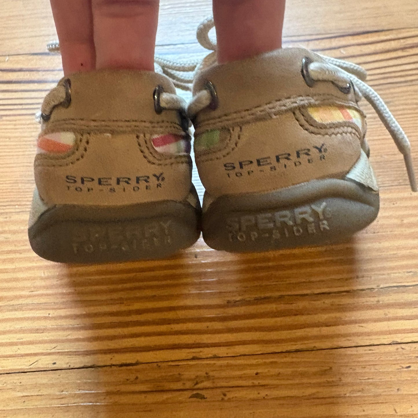 Sperry Top Sider tan leather pink plaid baby boat shoes SIZE 6.5