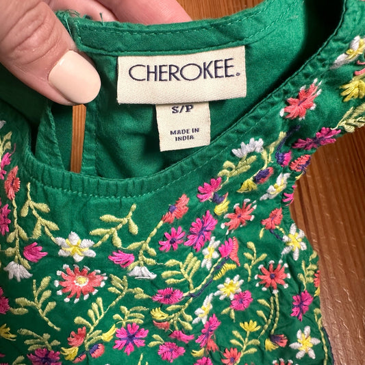 Cherokee green floral embroidered ruffle dress SIZE S