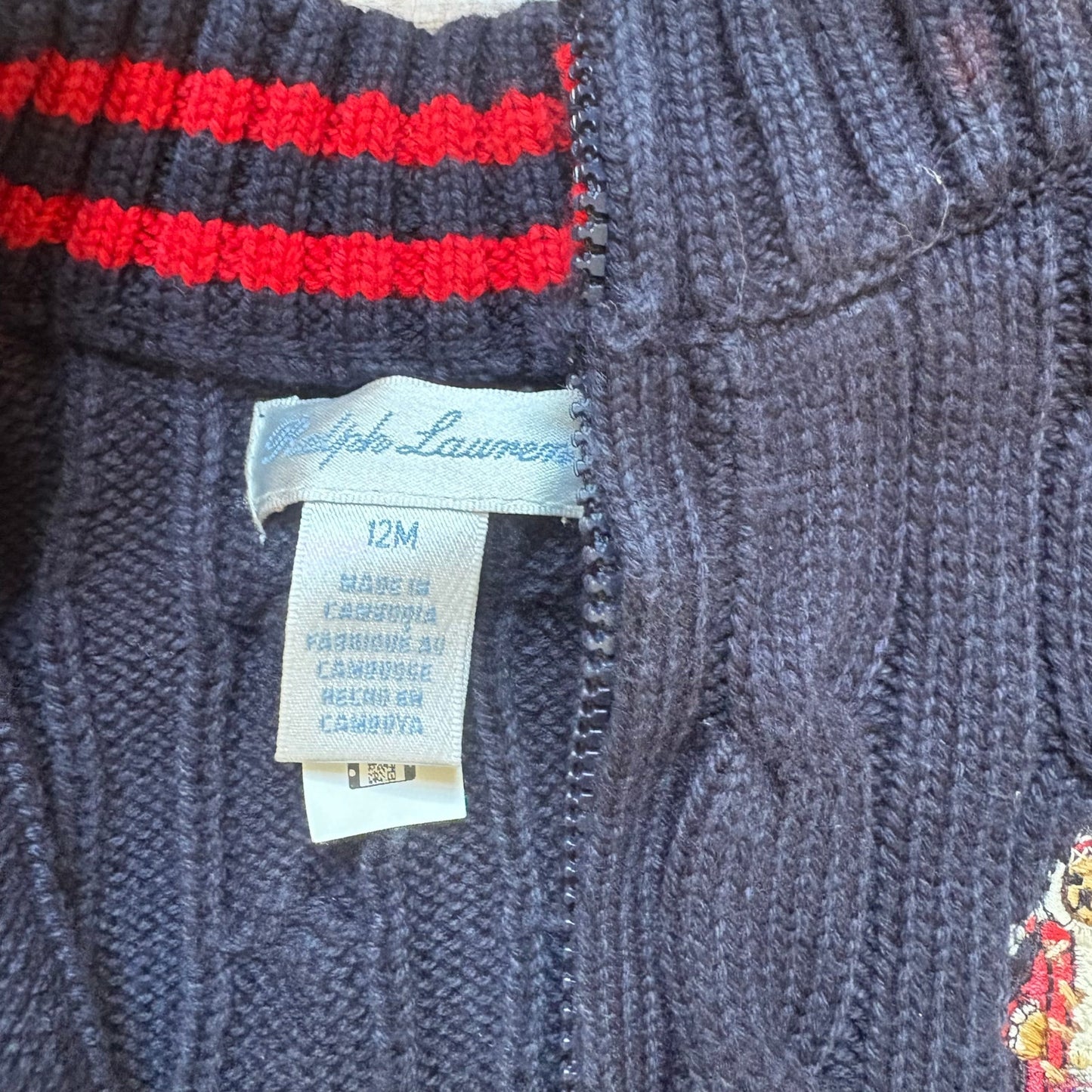 Ralph Lauren navy Polo bear full zip cable knit sweater SIZE 12M