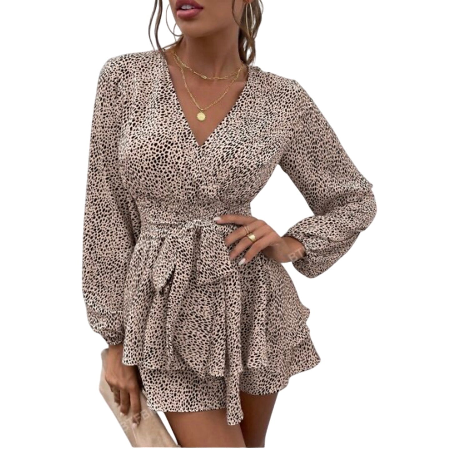 NWT Japna beige spotted ruffle plunge neckline long sleeve tiered dress SIZE L